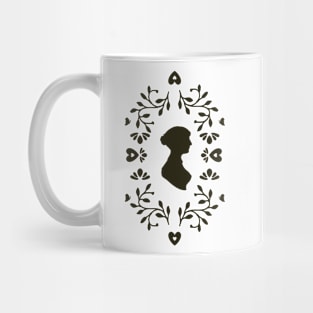 Jane Austen Silhouette Surrounded By Botanical Folk Art and Butterflies Mug